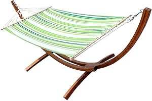 ALEOS. 320cm Hängemattengestell SOSUA Hängematte mit Gestell aus Holz Lärche mit grün gestreifter Stabhängematte