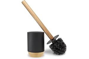 Nadi Collection | Escobilla baño-WC-Inodoro | Serie Aries | Negro Mate | Resina y Madera | Base Pintada a Mano | Cepillo Negro Desmontable | 9.1ø x 34.5 cm Alto (Negro)