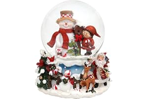 DEKOHELDEN24 Schneekugel Schneemann mit Kind auf aufwendig verziertem Sockel, mit Spielwerk, Melodie: White Christmas, Maße L/B/H: 12,5 x 12 x 14,5 cm Kugel Ø 10 cm.