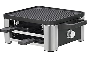 ‎WMF WMF Lono Raclette Grill für 4 Personen – Tischgrill aus Cromargan Edelstahl, 870 W, antihaftbeschichtete Grillplatte und Pfännchen, spülmaschinengeeignet, für gemütliche Abende und Feierlichkeiten