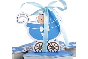 FLOFIA 48pz Scatole Battesimo Nascita Scatoline Portaconfetti in Carta a Forma di Passeggino Bomboniere Scatole Maschio per Confetti Caramelle Cioccolati Comunione Compleanno Azzurro