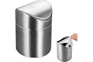 BAILTOUK Cubo de Basura de Mesa con Tapa, 2L Mini Papelera Escritorio Cubierta Deslizante, Papelera Pequeña de Acero Inoxidable Papelera de Baño para Cocina, Dormitorio, Baño, Oficina, Plata (12×12×16cm)