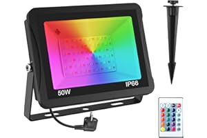 T-SUNUS Projecteur LED RGB Exterieur 50W, Projecteur LED Couleur Spot LED Extérieur de Jardin 16 Couleurs 4 Modes avec Télécommande Etanche IP65 Pour Arbre Soirée Bar Fête
