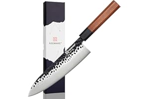 KEEMAKE Couteau Japonais 20cm Martelée Laquée Noir, Couteau Cuisine Professionnel en Acier Inoxydable, Couteau de Chef avec Manche Octogonal Bois de Rose