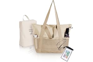 Chovbe Beach Bag for Women, Waterproof Beach Tote Bag with Zip, Foldable Shoulder Bag with Mesh Pocket, Holiday Essentials Handbag for Shopping, Travel (Beige)