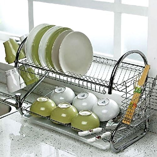 OGORI 2 Tier Dish Drainer Stainless Steel Chrome Kitchen Utensils Plate Rack