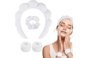 WD&CD Opaska na głowę do spa dla kobiet, 1 opaska do makijażu i 2 opaski na nadgarstek i 1 zestaw gumek do włosów do mycia twarzy, pielęgnacji skóry, demakijażu, pod prysznic, biała