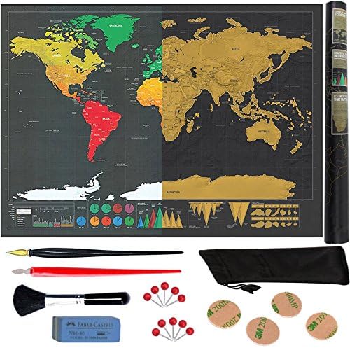 Rubbel World Map Scratch telluat 82x60 cm Gold and Black for Globetrotters. Includes 2 x Easy + 1 Eraser for scraping, 12 Pins for Photographs and Memories Double-Sided Adhesive Tape for Hanging on the Wall, Or et Noir, 82 x 60cm