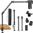 Homodoskey Overhead Camera Mount Desk Stand, 3-Section Flexible Detachable Articulating Arm with 1/4“ 3/8" 5/8" Screw&360° Ball Head, C-clamp Tabletop Mount for DSLR Camera/Webcam/Microphone/Lights