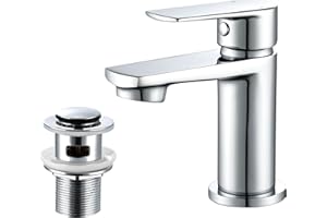 HPWVKVDB Bathroom Sink Taps with Basin Waste, Monobloc Basin Mixer tap Chrome Single Lever Bathroom Mixer Tap with Pop Up Sink Drain for Bathroom, Cloakroom, Washroom