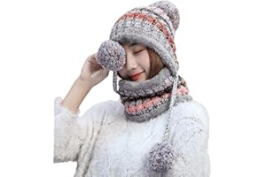 MAKFORT Bobble Hat and Loop Scarf Set for Women Girls Warm Knitted Pom Hat Interior Thick Fluff Winter Warm Ladies Bobble Hat Loop Scarf Set