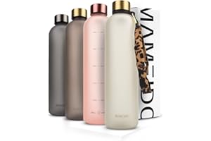 MAMEIDO Butelka na wodę 1 l Ivory Beż Gold - Plastikowa butelka na wodę z markerem czasu motywacyjnego, wolna od BPA - Wodoodporna butelka sportowa do gimnastyki, Detox