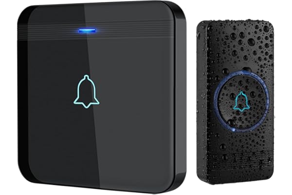 AVANTEK Sonnette sans Fil, Bouton de Sonnette, Carillon de Porte étanche IP55 avec 1 récepteurs enfichables, Flash LED, 5 Niveaux de Volume, 52 mélodies, portée de Fonctionnement de 400 m, Noir