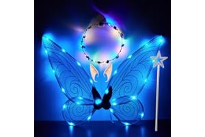 AUNAEYW Fairy Wings Light up Butterfly Wings for Girls Women, LED Fairy Wing Sparkle Angel Wings for Kids Adults Halloween Cosplay Costumes Dress-Up Accessories (Blue Fairy Wings)