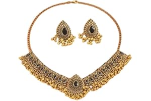IMINI Ensemble De Bijoux De Mariage Indien Traditionnel Bohème Pour Femmes Et Filles Argent Antique Oxydé Collier Boucles d'Oreilles Pompon Bollywood Ras Du Cou Punk Cristal Cadeau Tendance