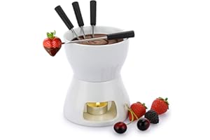 SUMNACON Set di pentole al cioccolato in ceramica con 4 forchette per fonduta di formaggio per cioccolato, formaggio, fonduta, cena in famiglia, dessert, picnic, feste di vacanza, bianco