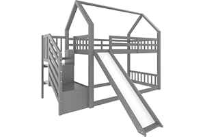 Azkoeesy Litera Infantil en Forma de Casa con Tobogán y Escalera con Almacenamiento, Cama Niño/Juvenil con Somier y Protección Anticaídas Altas, 90x200 cm, Color Gris‌
