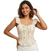 ICW Women’s Floral Lace Corset Crop Top with Ruffle Sleeves, Sweetheart Neckline, Pastel Ribbon Detail, Fitted Bustier Style