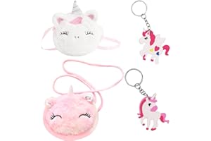 ZBHDEYG Lot de 2 sacs à bandoulière chevaux arc-en-ciel, 2 porte-clés, sac à dos en peluche, porte-monnaie pour filles, sac à bandoulière pour enfants, joli sac à dos de dessin animé, cadeau de princesse,