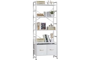TREETALK 5 Tier Bookshelf,Tall Bookcase with 2 Fabric Drawers, Industrial Display Standing Shelf Units with 2 X-shape Frame, Storage Rack for Living Room,Bedroom, Home Office (White)