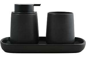MSV Badezimmer Set, 3-teiliges Badzubehör aus Keramik Maonie Seifenspender, Badablage für Schmuck und Zahnputzbecher Schwarz