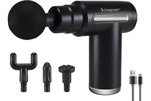 BEPER P302MAS002 Percussion Massager, 30W, Rechargeable Massage Gun, 4 Interchangeable Heads, 6 Intensity Levels