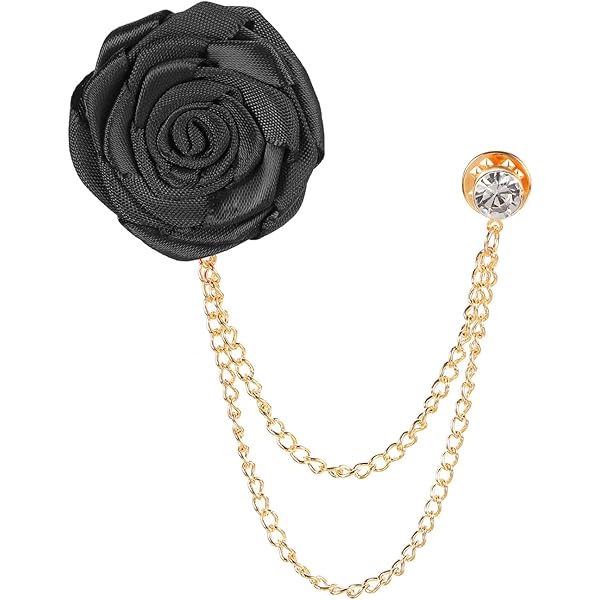 Broche De Revers En Tissu Et Alliage - Fleur Rouge Avec Chaîne Dorée - Pour Costume Mariage, Cérémonie, Soirée