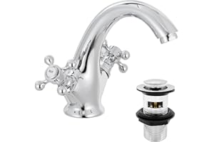 HEXMIXER Victoria Bathroom Sink Tap for Basin with Pop Up Sink Plug Dual Cross Lever Chrome Brass Swan Neck Bathroom Tap Mixer Traditional Basin Mixer Tap 662WCR