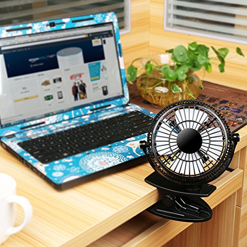 AFAITH Mini Clip und Schreibtisch Personal Fan, 5 „Portable Personal 2-Mode Speed Clip On & Stand Schreibtisch Tisch Regal Kunststoff Fan, USB Powered by Computer / Power Bank / USB Ladegerät Netzteil, 360 Grad einstellbare Silent Cooling Cooler für Kinderwagen Home Office- Schwarz SA054B - 6