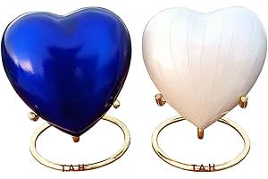THE ANTIQUE HOUSE Lot de 2 mini urne funéraire en forme de cœur blanc et bleu avec support en laiton – pour votre bien-aimé et cendres humaines et urne en forme de cœur parfaite pour offrir