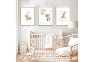 Youihom 3 Bilder Kinderzimmer Bär Beige Poster Babyzimmer 30x40 Wandbilder Kinder Mond Sterne Wolken Luftballons Wandposter Baby Mädchen und Jungen Wandbild Leinwand ohne Rahmen