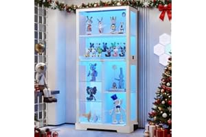 OUTDOOR DOIT 71″ Glass Display Cabinets with Human Sensor 3-Color Lights,Large Display Case with Adjustable Glass Shelves, Multi-layer Curio & Bookcase Storage Cabinet for Living Rooms,Study,Black