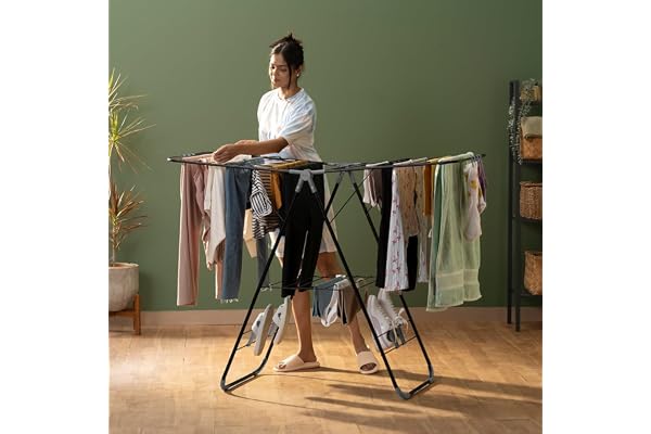 BonKaso Premium Steel Foldable Cloth Dryer Stand Heavy Duty Clothes Drying Rack with Arm Lock & Socks Holder Black & Grey