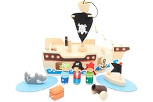 Blue Panda Pirate Toys and Kids Pirate Ship Playset - Wooden Pirate Figurines with Fun, Ocean-Themed Accessories, 11 Piece Set for Children Ages 3 and Up, Great for a Christmas, Secret Santa Gift