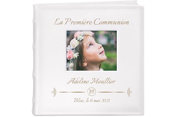 Maverton Album Photo 10x15 personnalisé - Avec Poche Ouvrable sur la Couverture - Livre Photo avec Pochettes - Cadeau Communion - Album photo bebe - Album Imprimé pour bébé - communion