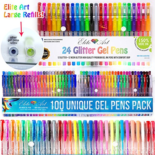 124 (100 + 24 glitter neonglitter Gel Stifte 2,5 x 150% mehr Tinte) einmalige, hochwertige Premium Gelstifte (keine doppelten Farben) Multiset an Farben: Glitzer Metallisch Nein Pastel Standard Kunst Erwachsenen Ausmalbuch Zeichnungen Malbilder Ungiftig Säurefrei - 2
