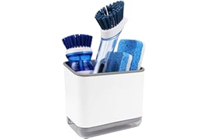 KeFanta Sink Counter Caddy, Dish Sponge Holder, Kitchen Sink Sponge and Brush Holder, Plastic Dish Scrubber Organizer with Drain Tray, White