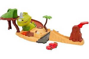 Mattel Disney och Pixars Bilar-leksaker, dinosaurielekplats med Blixten McQueen-leksaksbil, dinosaurie och barnaktiverad acti