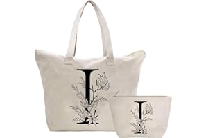 TOOZEN Personalizadas Bolso Tote de Mujer con Inicial, Bolsa de lona con Bolsillo Interior, Bolsa de Compras con Bolso de Cosméticos, Regalos para Damas Mejor Amigas Mamá, Regalo Cumpleaños Navidad I