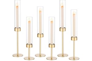 Sziqiqi Świeczniki ślubne sosnowe: 6 szt. złoty świecznik centralny na stół - Vintage świecznik z szklanym hurricane na Boże Narodzenie przyjęcie urodzinowe dekoracje rocznicowe