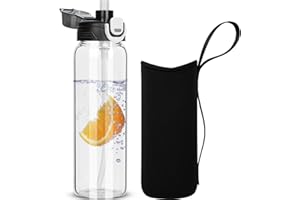 DEARRAY 0.8l Gourde en Verre avec Paille, 800ml Bouteille d'eau en Verre Borosilicaté Anti-fuite avec étui de Protection en Néoprène