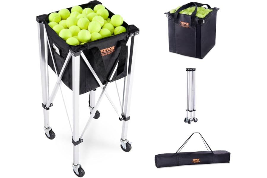 VEVOR Foldable Tennis Ball Hopper, Holds 150 Tennis Balls, Lightweight Aluminum Alloy Tennis Ball Basket Cart with Wheels, Removable Bag, Carry Bag, Portable Sports Teaching Cart for Tennis Player