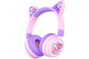 iClever Bluetooth Kopfhörer Kinder, 60 Stunden Spielzeit, Katzenohren mit LED-Leuchten, Sichere Lautstärke 74/85dBA, Bluetooth 5.3, USB C Aufladen, Eingebautem Mic für iPad, Tablets, Reisen, Geschenk