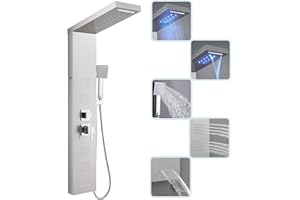 ROVOGO LED Duschpaneel mit Armatur, 5 Funktionen Duschsäule mit Einhebelmischer Wasserfall, Regendusche, Massagedusche, Wanneneinlauf und Handbrause, Duschpaneele Komplett aus Edelstahl Gebürstet
