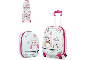 SOARS Kinderkoffer & Rucksack, Kindertrolley mit Rollen & verstellbarem Griff, Koffer Set, Kindergepäck, Reisekoffer Kinder Jungen & Mädchen, für Spielzeug, Kleidung (Eule A, 12"+16")