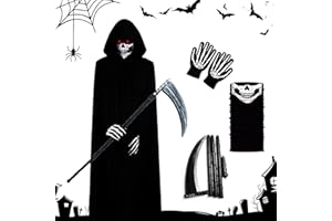 EEPLUYTY Kostium na Halloween dla dzieci, kostium cosplay - ponury żniwiarz, peleryna z kapturem, kostium na Halloween, peleryna, rękawiczki, maska hidżabowa, kosa