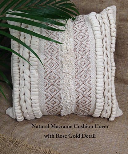 Natural Cream Macrame Boho Cushion Covers with Tassels Fringes and Bobble Detail (Natural with Rose Gold Detail)
