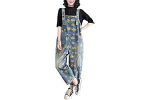 Lazutom Womens Flower Printed Denim Dungarees Baggy Jeans Overalls Loose Fit Bib Overalls Jeans Pants
