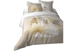 STOF Lovely CASA Bettbezug Malediven, 240 x 220 cm und 2 Kopfkissenbezüge 63 x 63 cm, 100% Baumwolle, 57 Fäden, Ökotex, natürlich, Palme, Reisen, Gelb, Gold