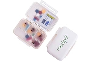 MEDIPILL - Set de 2 pastilleros de viaje | 6 compartimentos seguros | Pastillero portátil pequeño | Medicamentos, vitaminas, diabetes | Plástico duradero | Blanco | Francés (dos piezas)